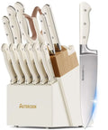 14 Piece Full Tang Kitchen Knife Set With Wood Block Sharpener Dishwasher Safe Anti Slip Ergonomic Handles High Carbon Stainless Steel Blades Ideal Valentine Gift Utensil Set For Kitchen Pros.