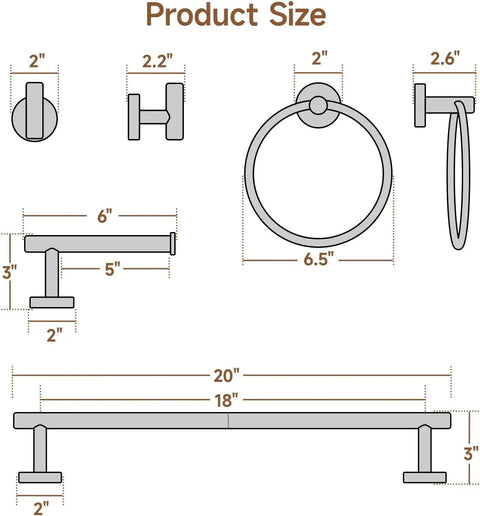 Diagram of Brushed Gold 4 Piece Bathroom Hardware Set with dimensions of towel bar, towel ring, toilet paper holder, robe hook