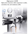 Close-up of the Home Barista Style Espresso Maker with 15 Bar Pump Pressure, LED Display, 1450W Power, semi-automatic machine brewing coffee.