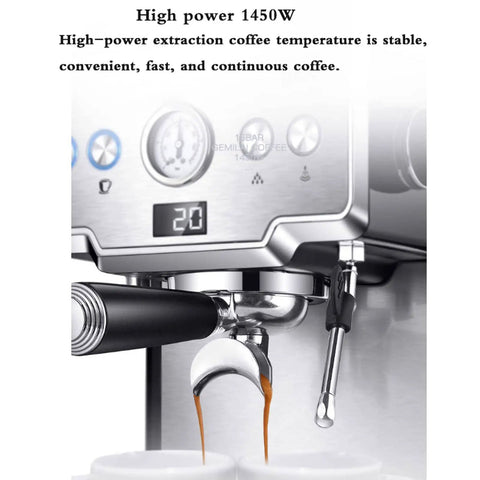 Close-up of the Home Barista Style Espresso Maker with 15 Bar Pump Pressure, LED Display, 1450W Power, semi-automatic machine brewing coffee.