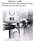Close-up of this semi automatic espresso machine delivers 15 bar pressure Italian style coffee maker with LED screen and coffee extraction.
