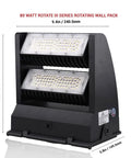 Rotating LED Wall Pack Flood Light 10600 Lumens 80W 5000K Cool White with black housing and adjustable angle, front view.