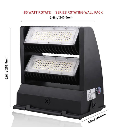 Rotating LED Wall Pack Flood Light 10600 Lumens 80W 5000K Cool White with black housing and adjustable angle, front view.