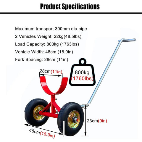 Heavy Duty Pipe Transport Cart Built Tough With Dual Fork Options 28cm Fork For 300mm Pipes 800kg Or 43cm Fork For 426mm Pipes 1000kg Steel Mobile Bar Cradle For Construction Sites Warehouses And Shops, 800kg spec diagram
