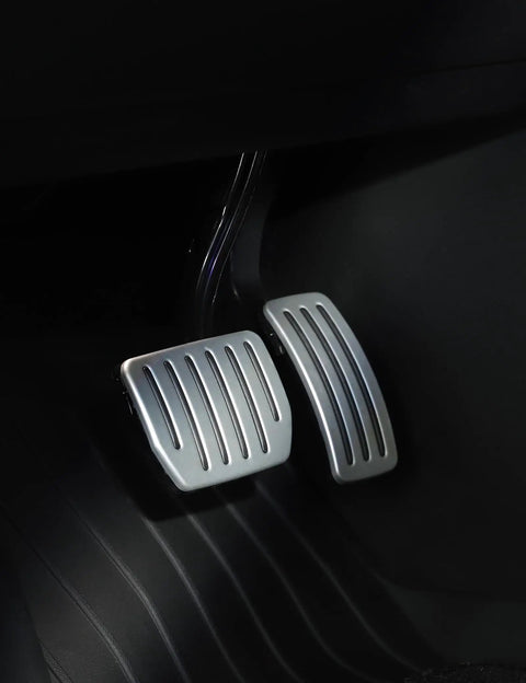 Tesla Model Y Juniper 2025 2026 and Model 3 Highland 2024 2026 aluminum self flip lock pedal set in brushed finish