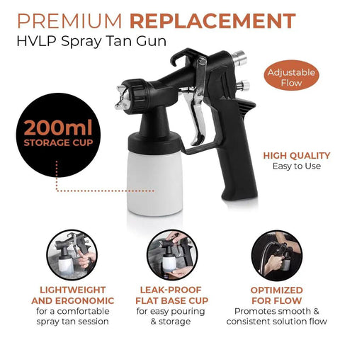 Replacement Gun For HVLP Spray Tan Machine With 200ml Cup And Adjustable Flow, ergonomic design with visual features.