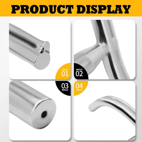 Stainless steel curved lathe tool rest, 12-inch length, front view with rounded end cap.
Stainless steel curved lathe tool rest, 12-inch length, side view showing curved frame and mounting stem.
Stainless steel lathe tool rest end, cylindrical with small hole, close-up.
Stainless steel curved tool rest tip, smooth profile, close-up view.