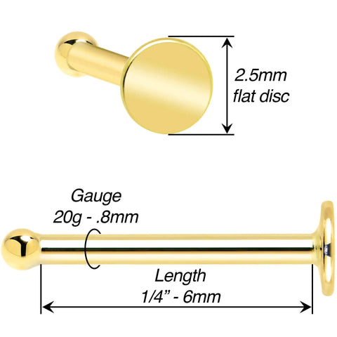 Solid 14K Yellow Gold Nose Ring 20 Gauge With 2.5mm Flat Disc End Durable Nose Bone Stud For Women And Men Tarnish Resistant Hypoallergenic Comfort Fit Dope Jewelry, 20g 6mm