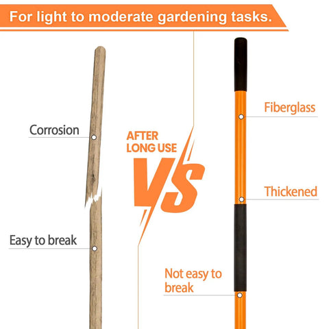 Comparison of wooden and fiberglass handles, highlighting durability of Heavy Duty Garden Shovel With 56 Inch Round Blade And Fiberglass Handle In Orange.