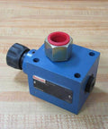 Bosch Rexroth R900978977 AF6EA40Z250V hydraulic valve with black push and turn button, 1/2 and 1/4 inch NPT ports, blue body