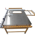 Heavy Duty 220 Volt Table Saw With Rugged Stand For Woodworking Crews Featuring Smooth As Silk 45 Degree Bevel Cuts and sliding table extension.