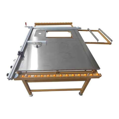 Heavy Duty 220 Volt Table Saw With Rugged Stand For Woodworking Crews Featuring Smooth As Silk 45 Degree Bevel Cuts and sliding table extension.