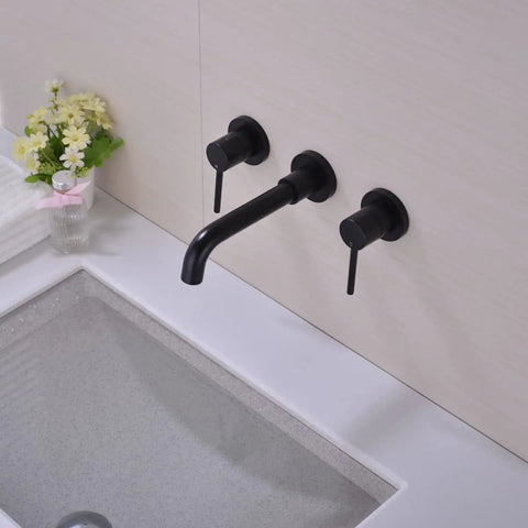 Brass Matte Black Dual Handle Wall Mounted Bathroom Faucet With Rough In Valve No Frills Install 360 Degree Rotating Spout 208mm
