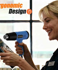 Person using Dual Temperature Heavy Duty Heat Gun With Four Pro Grade Nozzles for shrink tubing, ergonomic design in use.