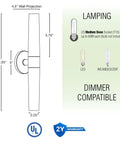 Diagram of Modern 14 Inch Two Light Wall Sconce In Brushed Nickel Finish With Frosted Glass Cylinder Shades, dimmer compatible details