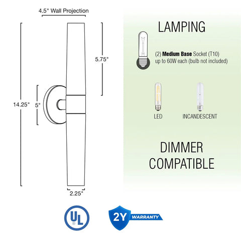 Diagram of Modern 14 Inch Two Light Wall Sconce In Brushed Nickel Finish With Frosted Glass Cylinder Shades, dimmer compatible details
