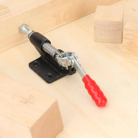 4 Pack GH 305C Push Pull Toggle Clamp Kit With Quick Release Stroke And 500 Lbs Holding Power For Welding, Woodworking, Metalworking And More, Beefy Durable Heavy Duty Build For Jigs, Fixtures, Assembly And Fabrication Tasks shown installed in woodworking setup