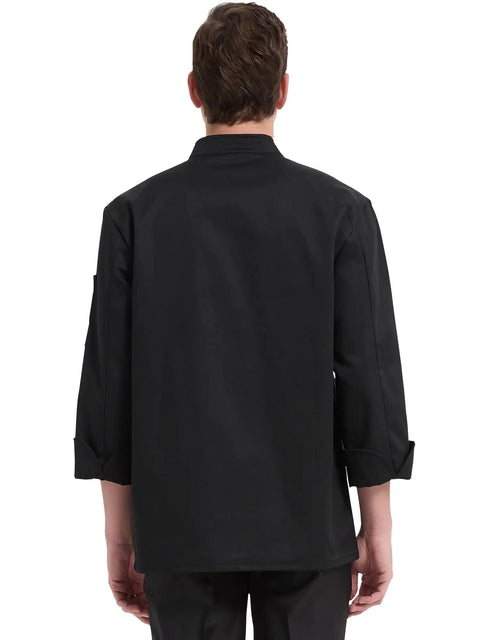 Back view of a solid black long sleeve chef coat, featuring breezy breathable fabric for intense kitchen heat.