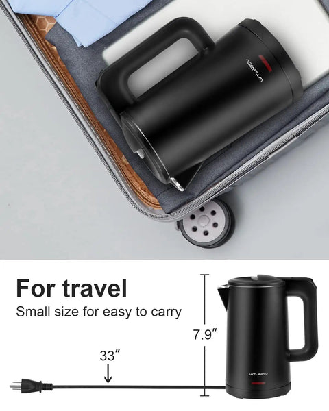 Compact 0.8L Electric Kettle Stainless Steel 800W Fast Boil Auto Shut Off Portable Water Boiler in suitcase for travel