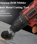 Drill Nibbler Sheet Metal Cutting Tool With Adapter attached to drill, cutting metal for burr-free, smooth edges