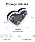 Package includes Heart Shaped Car LED Ambient Light With Solar Rechargeable Power, with suction cups and charging cable.