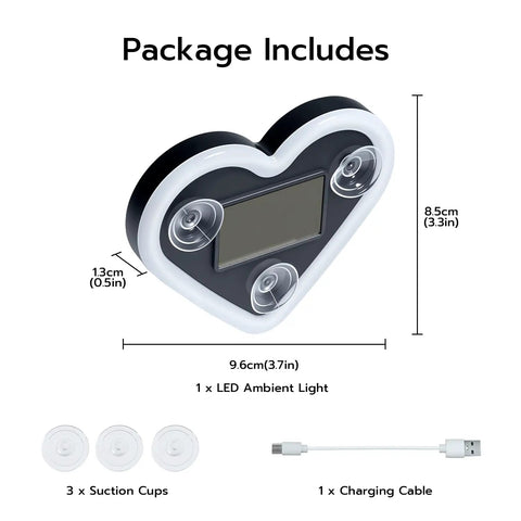 Package includes Heart Shaped Car LED Ambient Light With Solar Rechargeable Power, with suction cups and charging cable.