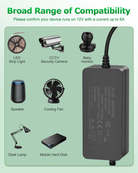 12V 6A Power Supply Adapter 72W with a Go-To 10ft Cord for LED Strip Lights CCTV Security Cameras 3D Printers shown with devices