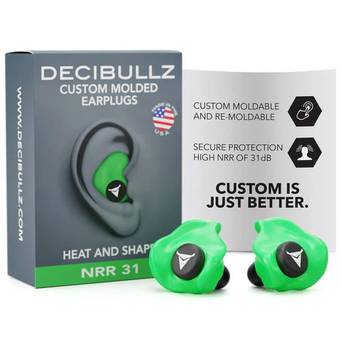 Custom molded earplugs with 31dB noise reduction rating, green, shown with packaging for loud environments like shooting and concerts.