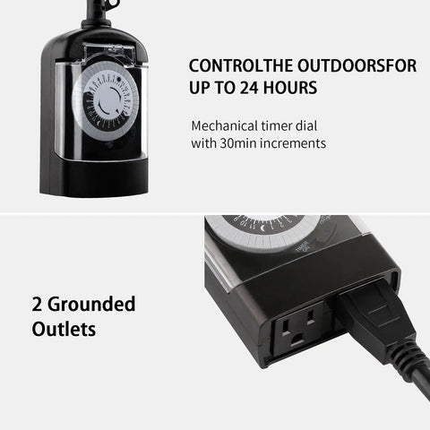Top Shelf 24 Hour Mechanical Outdoor Timer Outlet 2 Pack Waterproof Weatherproof Switch with timer dial and two grounded outlets.