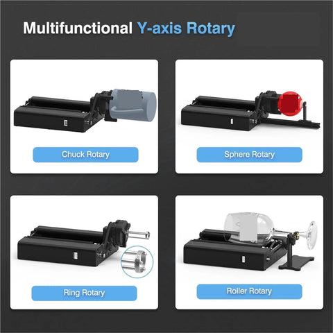 Dope Upgrade Four In One Axis Y Axis Rotary Roller Attachment For Laser Engravers Smooth 360 Degree Rotation For Cylinder Bottle And Can Projects Killer Black Build, showcasing four rotary attachments.