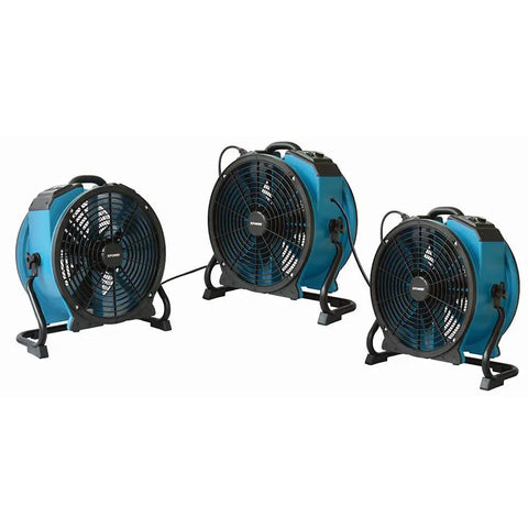 No Nonsense Heavy Duty Axial Air Mover Fan With Variable Speed Control And Three Hour Timer Pulling Maximum Cubic Feet Per Minute Through Wet Basement Spaces Blue, three fans viewed from the front