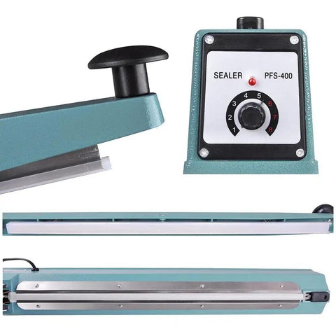 Impulse Sealer Heat Seal Machine for Poly Bags, 16 inch sealing element, aluminum housing, control panel and handle detail