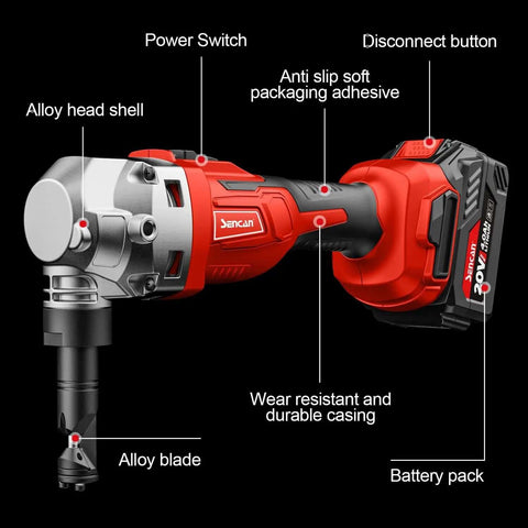 Cordless Beast Metal Nibbler 16 Gauge Cutter With 1900 RPM Brushless Motor showing alloy head and 4.0Ah battery pack