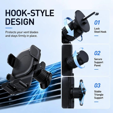 Road Ready Car Phone Mount For Tesla Cybertruck Model 3 Model S showing hook-style design for secure air vent attachment.