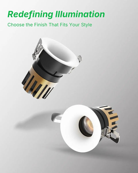 YOVELOS 6-Pack 10W Trimless Recessed LED 3 Inch Slim Spotlight design showing two finishes on a white background.