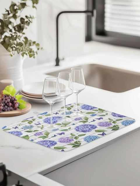 Two Pack Kitchen Drying Mats Set With Hanging Loop on countertop, floral pattern microfiber absorbent quick drying mat