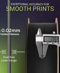 Fiberon PA612 CF15 Carbon Fiber Nylon Filament 1.75mm Black 0.5kg with digital caliper showing precision tolerance