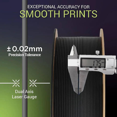 Fiberon PA612 CF15 Carbon Fiber Nylon Filament 1.75mm Black 0.5kg with digital caliper showing precision tolerance