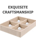 Beige Velvet Jewelry Display Tray With Four Grids And Sturdy Wooden Lid For Ring Bracelet Earring Storage Stackable Vanity Organizer showing four compartments with faux pearls.