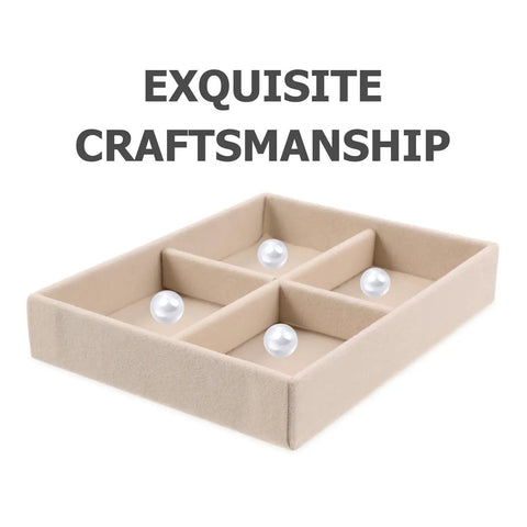Beige Velvet Jewelry Display Tray With Four Grids And Sturdy Wooden Lid For Ring Bracelet Earring Storage Stackable Vanity Organizer showing four compartments with faux pearls.