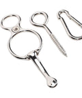 Stainless Steel Horse Tie Ring Kit With Magnetic Fastening System components, including ring, hook, and clip, for versatile equestrian use.