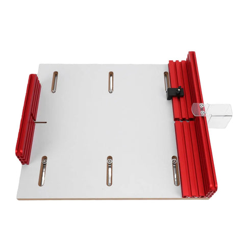 Adjustable Track Table Saw Crosscut Sled With Heavy Duty Aluminum Router Guide Rail Fitting Standard Miter Slot, top view.