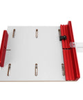 Dead Nuts Accurate Table Saw Crosscut Sled With Adjustable Aluminum Track Fence And Heavy Duty Woodworking Router Jig Kit top view with red tracks