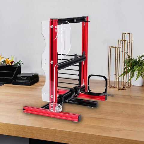 Open Air Test Bench Rig Frame For ATX MATX ITX Builds Aluminum DIY Chassis Easy Assembly With Superior Heat Dissipation And Water Cooling Space Red Finish on a desk