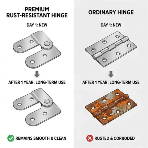 Comparison of Built Tough Ladder Folding Hinge Heavy Duty Invisible Tabletop Bracket showing rust-resistant and ordinary hinges.