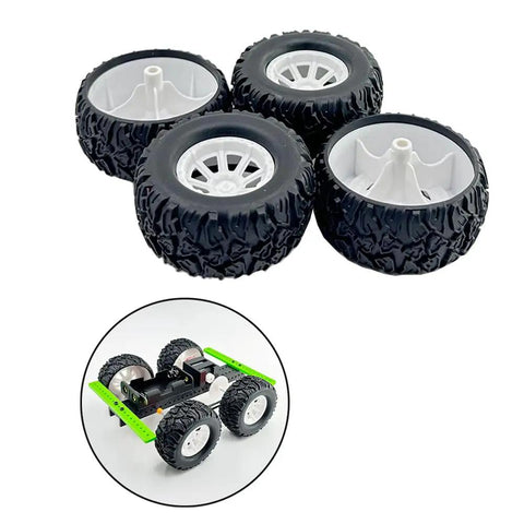 Four Pack 55mm Toy Car Wheel Set with 3mm Shaft Axles for RC Cars and DIY Model Builds, durable rubber tires on plastic cores