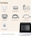 Packaging contents for Compact Countertop Dishwasher With Six Wash Cycles And A Built In Five Liter Water Tank.