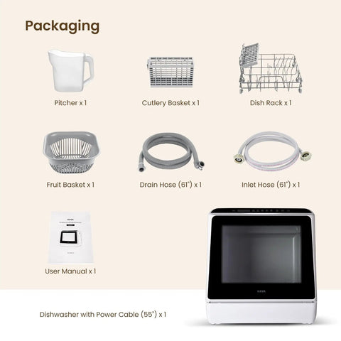 Packaging contents for Compact Countertop Dishwasher With Six Wash Cycles And A Built In Five Liter Water Tank.