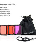 3 Pack Dive Filter Set For GoPro Hero 5 6 7 Black Super Suit Housing with red, light red, magenta filters, bag, tethers included.