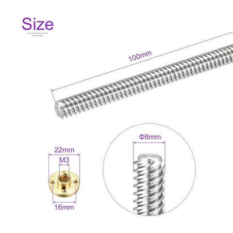 Two Pack 100mm Fully Threaded Lead Screws With Brass Nut Kit For 3D Printers And CNC Machines, 8mm Diameter, 8mm Lead, 2mm Pitch, Stainless Steel Thread Rods, size dimensions shown